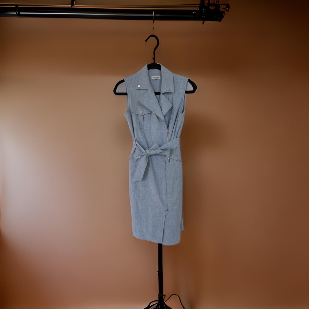 Chic Blue Sleeveless Belted Dress